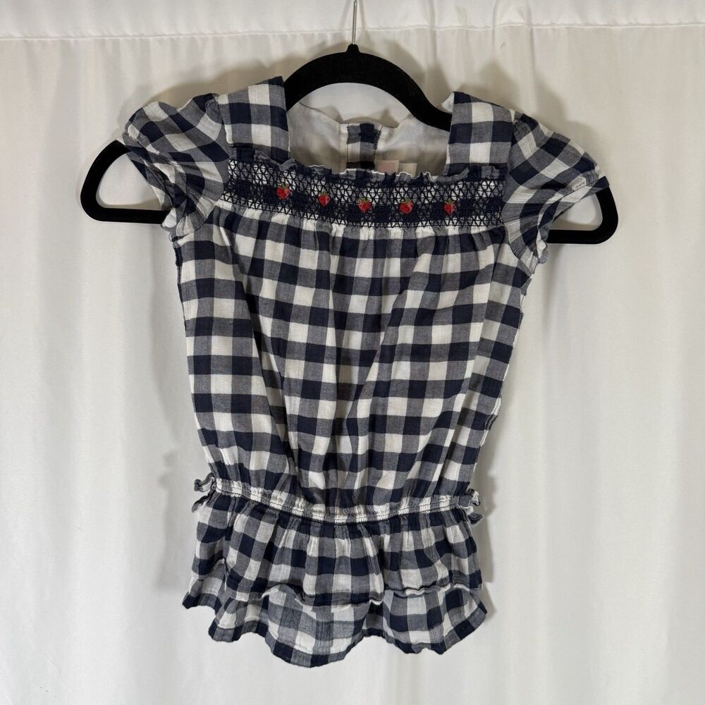 Janie and Jack Top Toddler 4T Blue White Plaid Strawberry Heart Embroidered